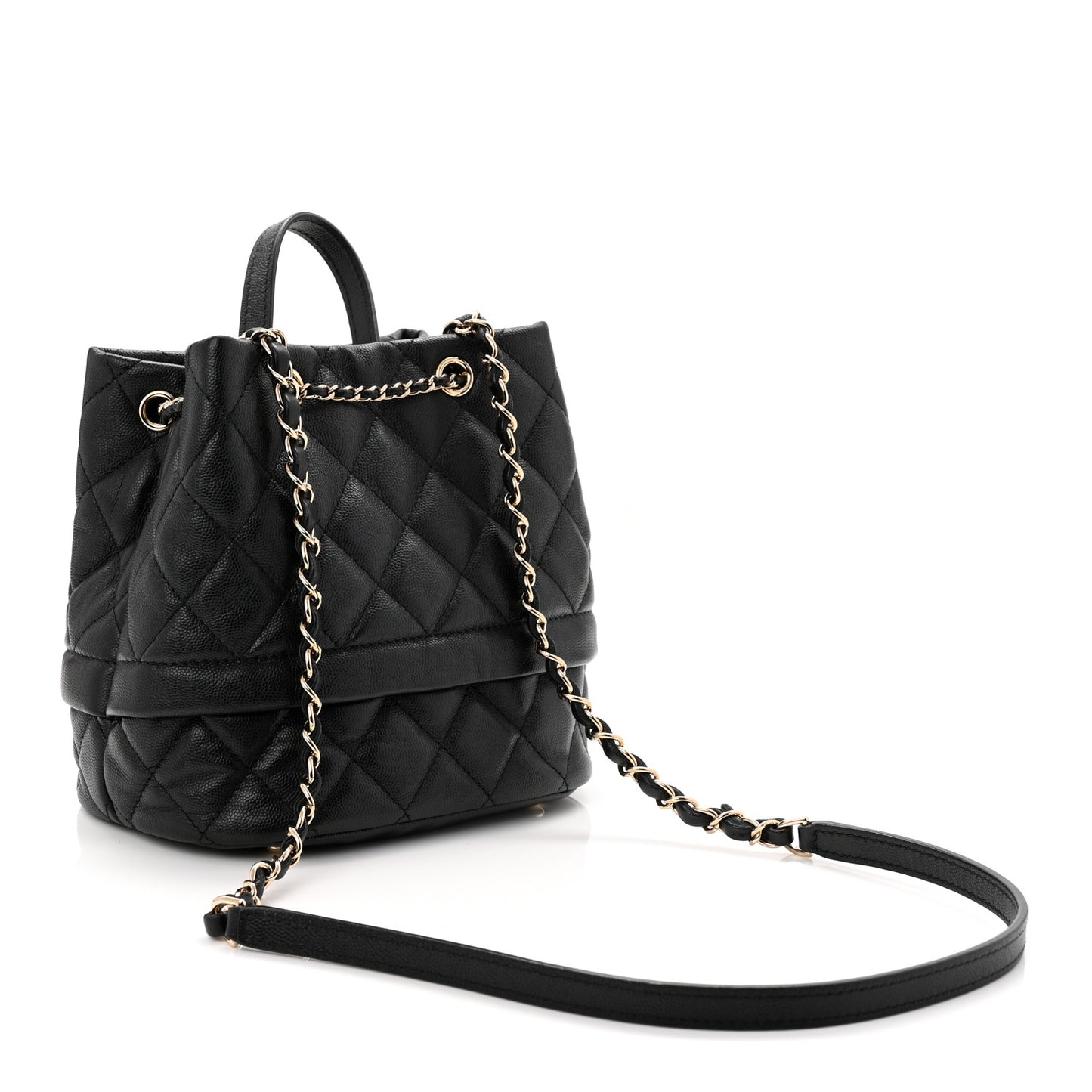 Caviar Quilted Rolled Up Bucket Drawstring Bag Black
