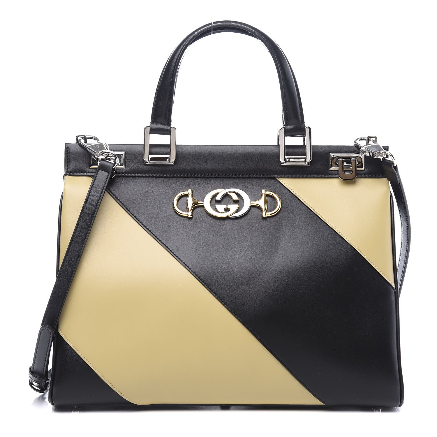 Gucci Smooth Calfskin Diagonal Striped Medium Zumi Top Handle Bag Black Beige 1 of 11
