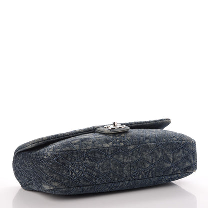 Chanel Denim Quilted Camellia Embroidered Large Flap Blue 4 of 10