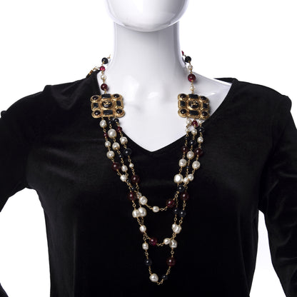 Chanel Pearl Bead CC Medallion Long Necklace Gold Red 2 of 6