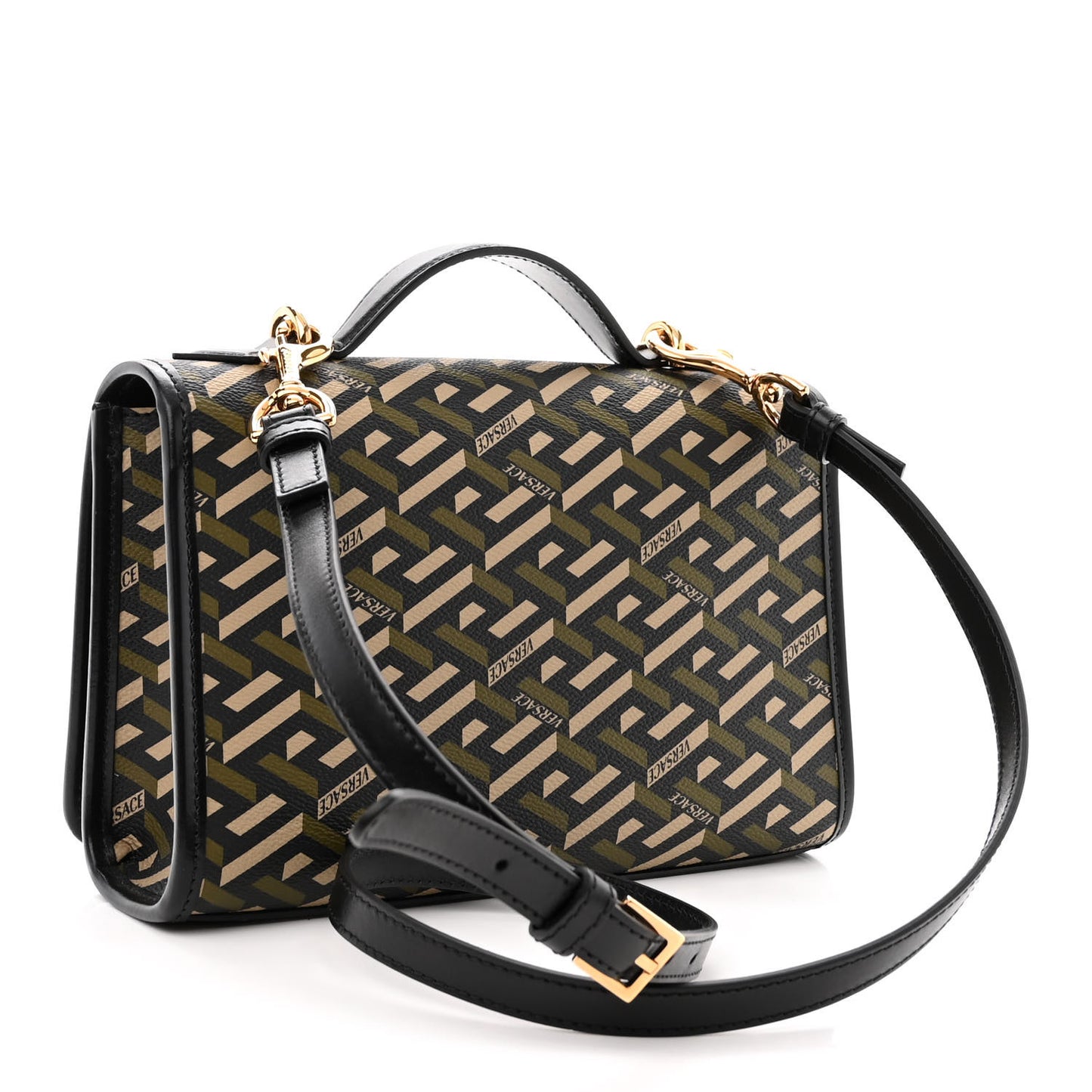 Coated Canvas La Greca Signature Top Handle Bag Black Khaki