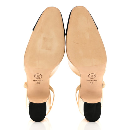 Chanel Lambskin Grosgrain Cap Toe CC Slingback Pumps 36 Beige Black 5 of 8