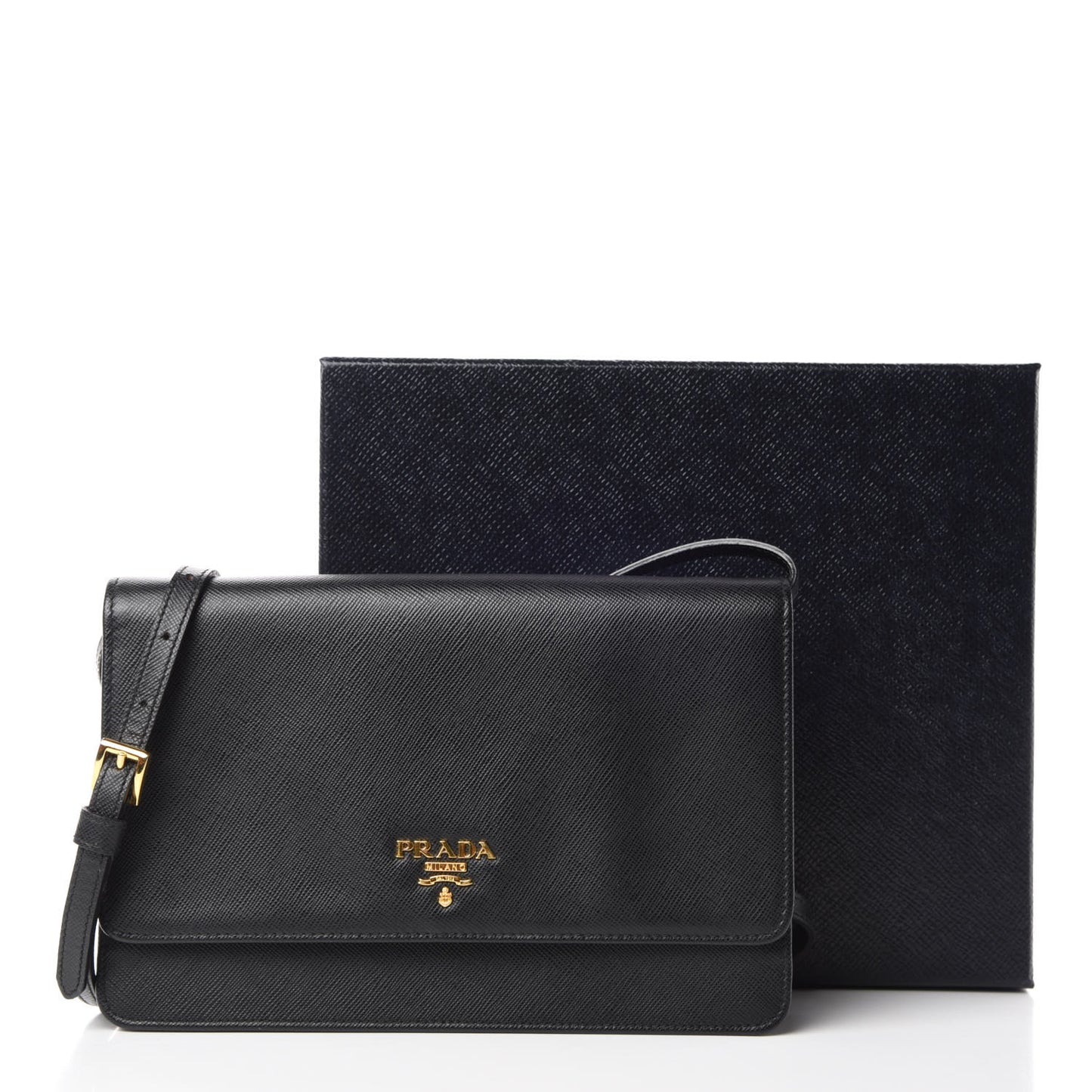 Saffiano Metal Flap Wallet With Strap Black