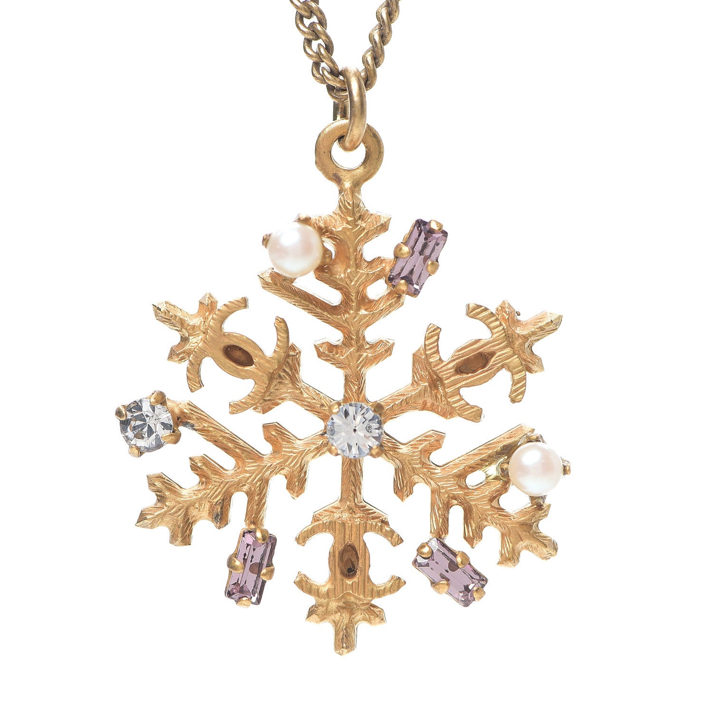 Crystal Pearl Snowflake CC Pendant Necklace Gold