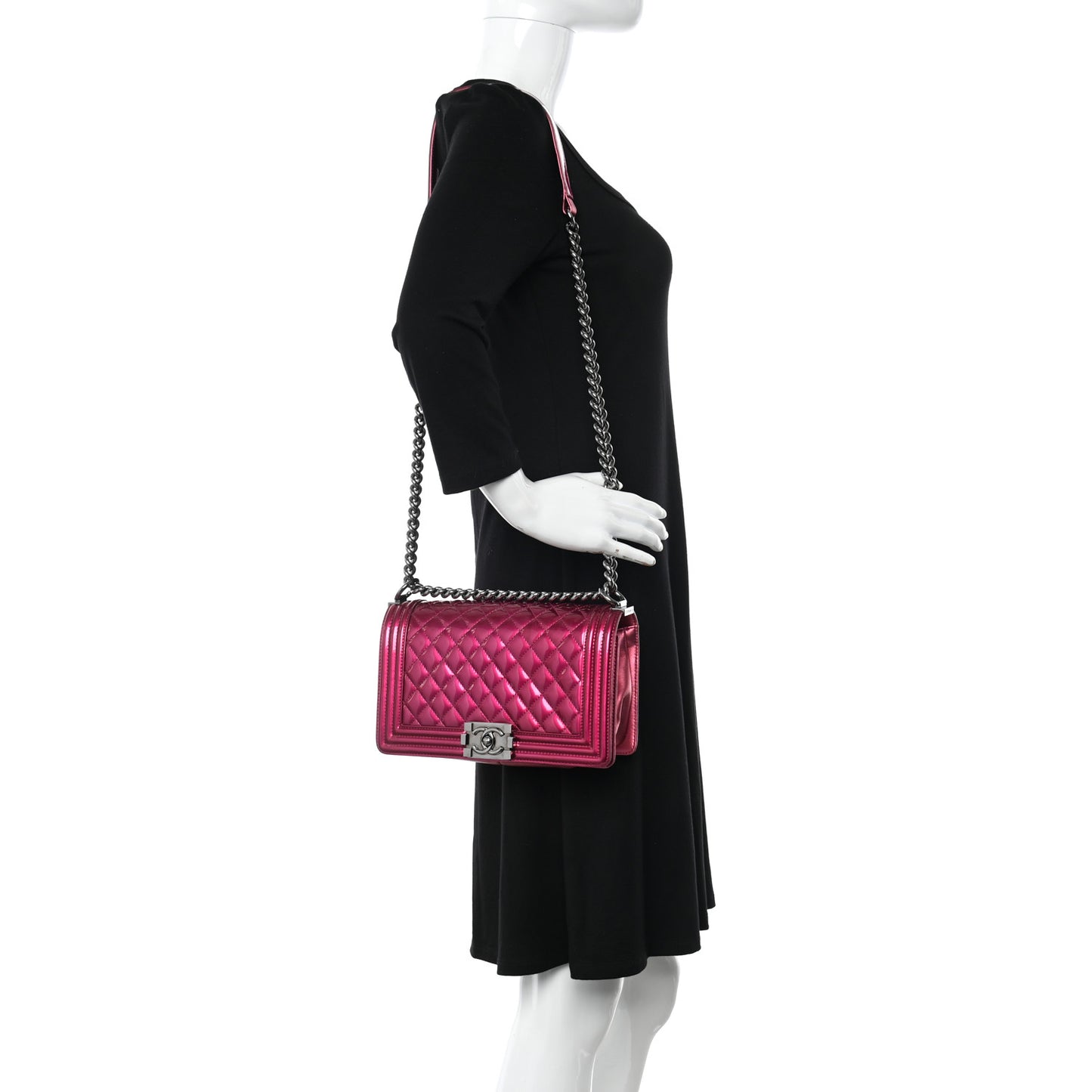 Metallic Patent Calfskin Quilted Medium Boy Flap Pink