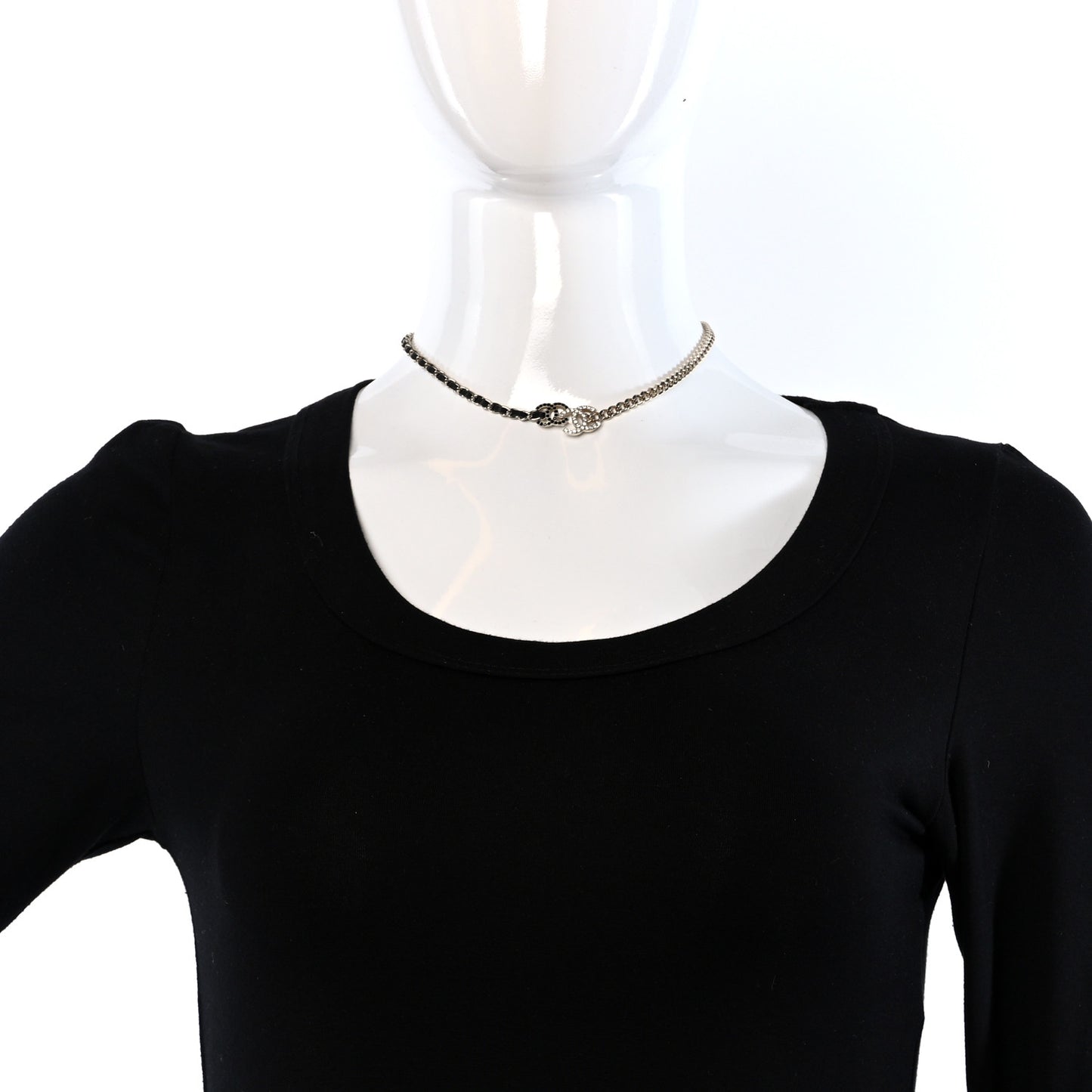 Metal Calfskin Crystal Double CC Short Necklace Black Gold