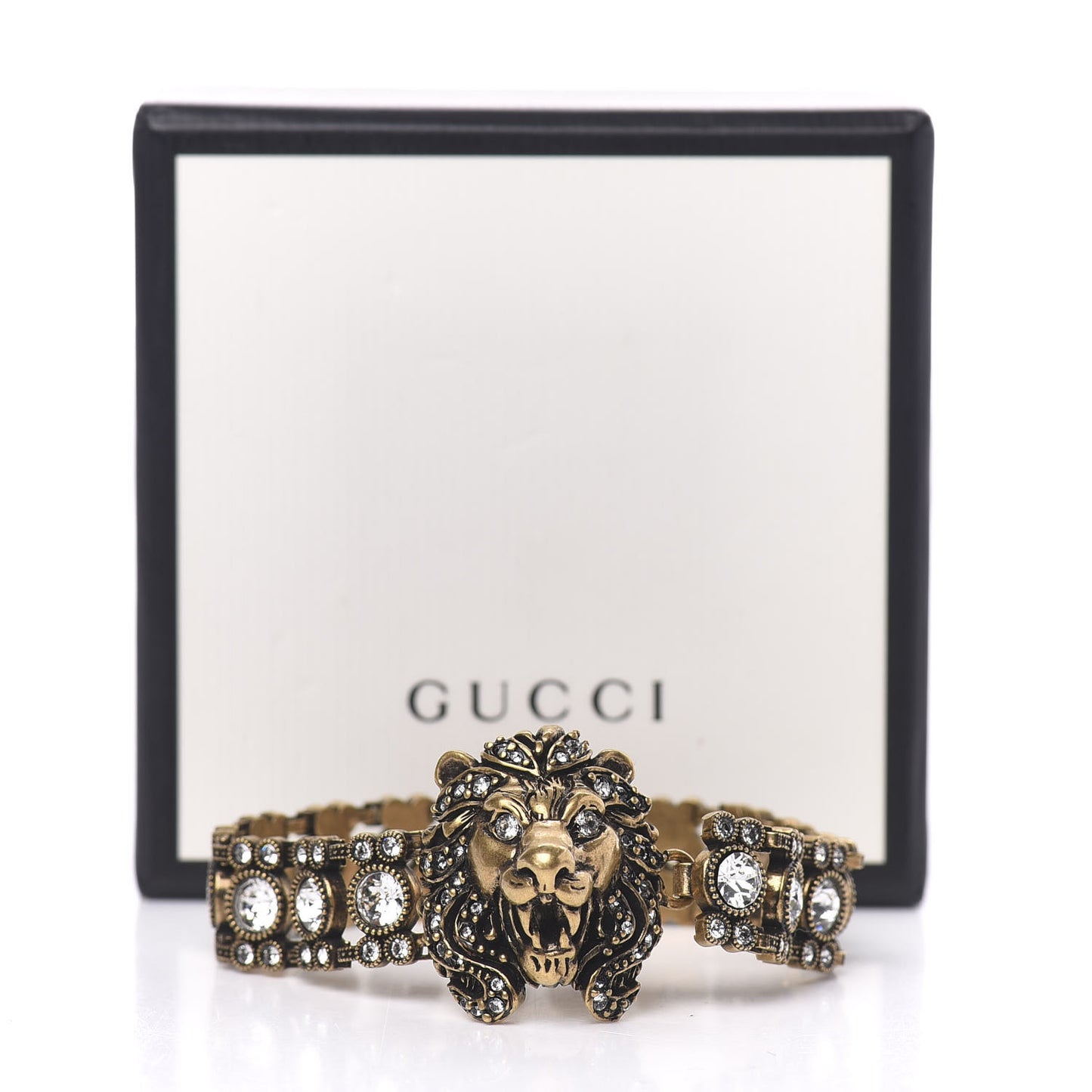 Metal Crystal Lion Head Bracelet L Aged Gold