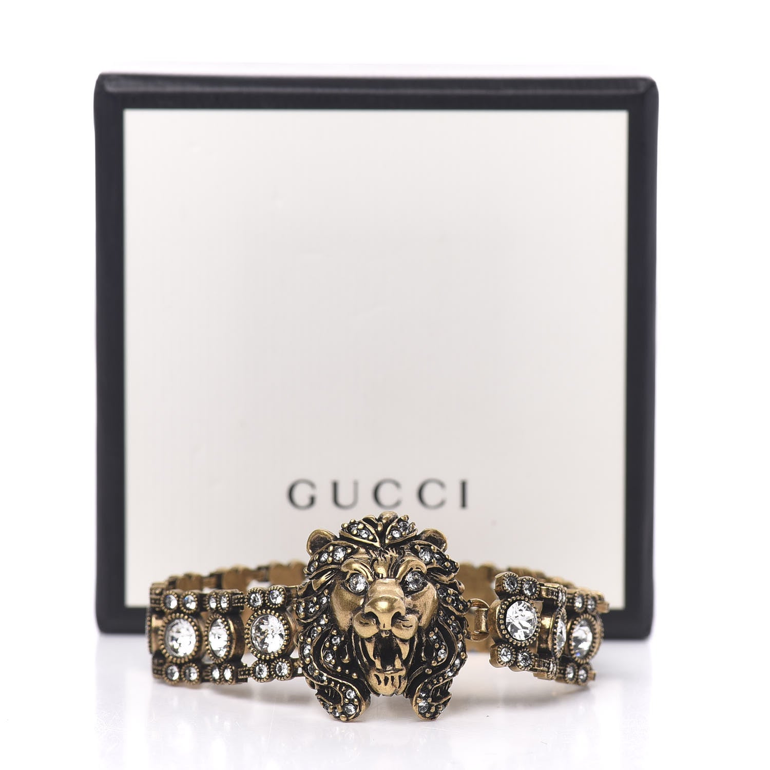 Gucci Metal Crystal Lion Head Bracelet L Aged Gold 5 of 5