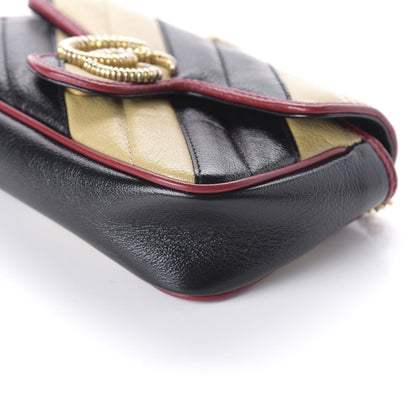 Gucci Vintage Effect Calfskin Matelasse Diagonal Striped Super Mini Torchon GG Marmont Shoulder Bag Black Beige 7 of 10
