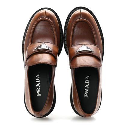 Prada Spazzolato Fume Metal Triangle Logo 50mm Loafers 38.5 Cognac 2 of 10