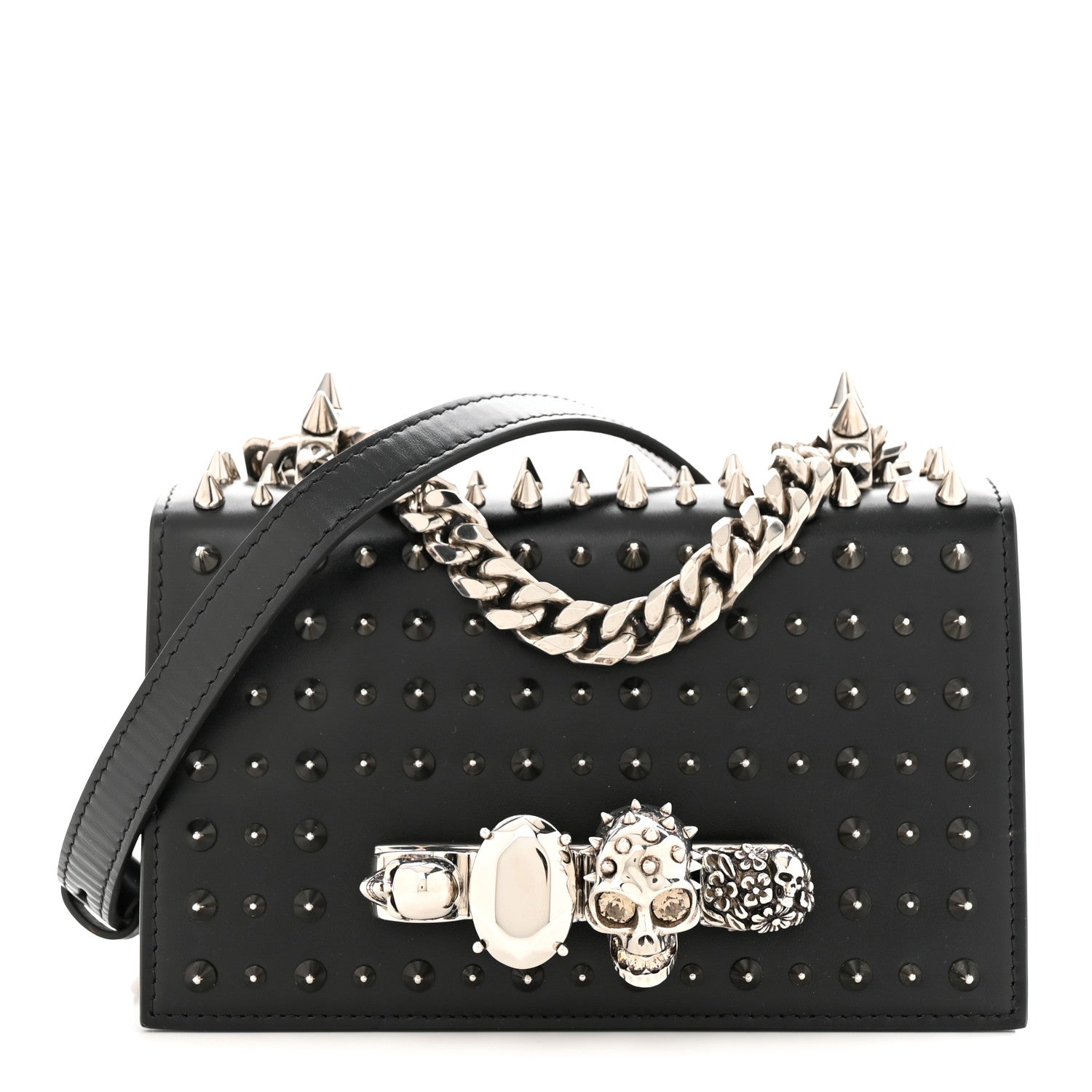 Alexander McQueen Calfskin Studded Knuckle Satchel Black Silver 1 of 10
