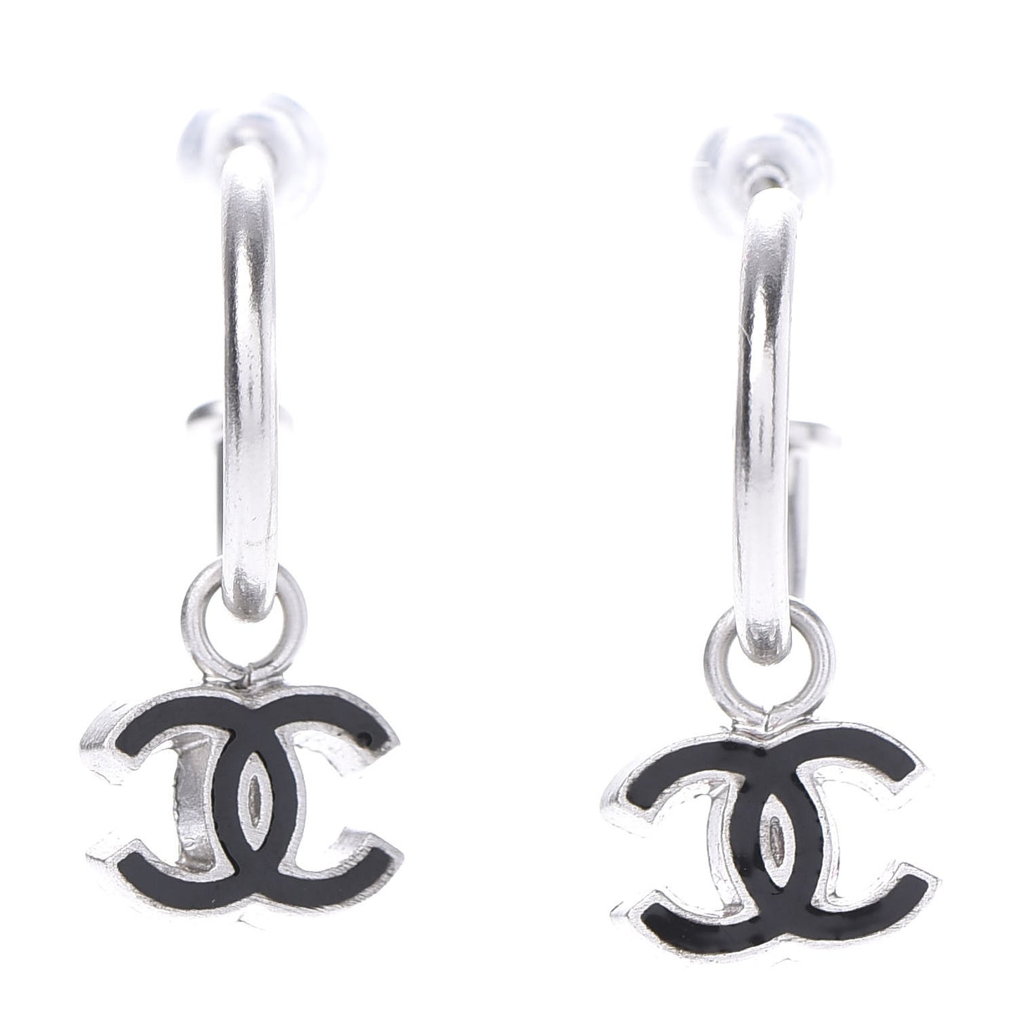 Enamel CC Hoop Earrings Silver Black