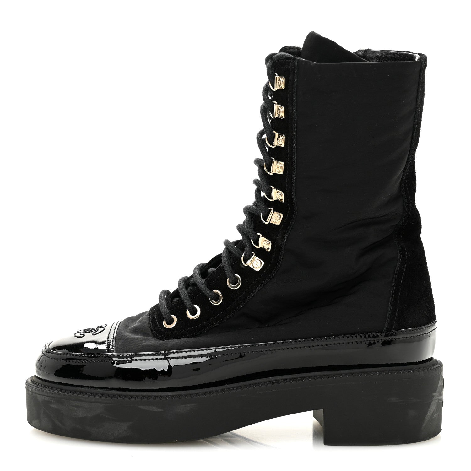 Chanel Nylon Suede Patent Calfskin Womens CC Lace Up Boots 36.5 Black 1 of 9