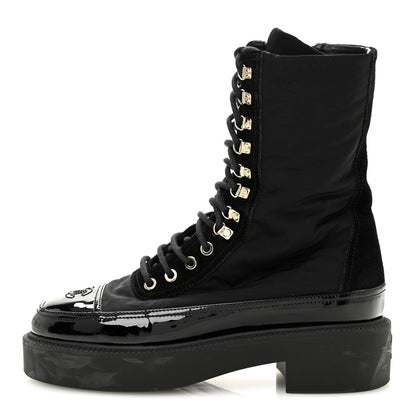 Chanel Nylon Suede Patent Calfskin Womens CC Lace Up Boots 36.5 Black 1 of 9
