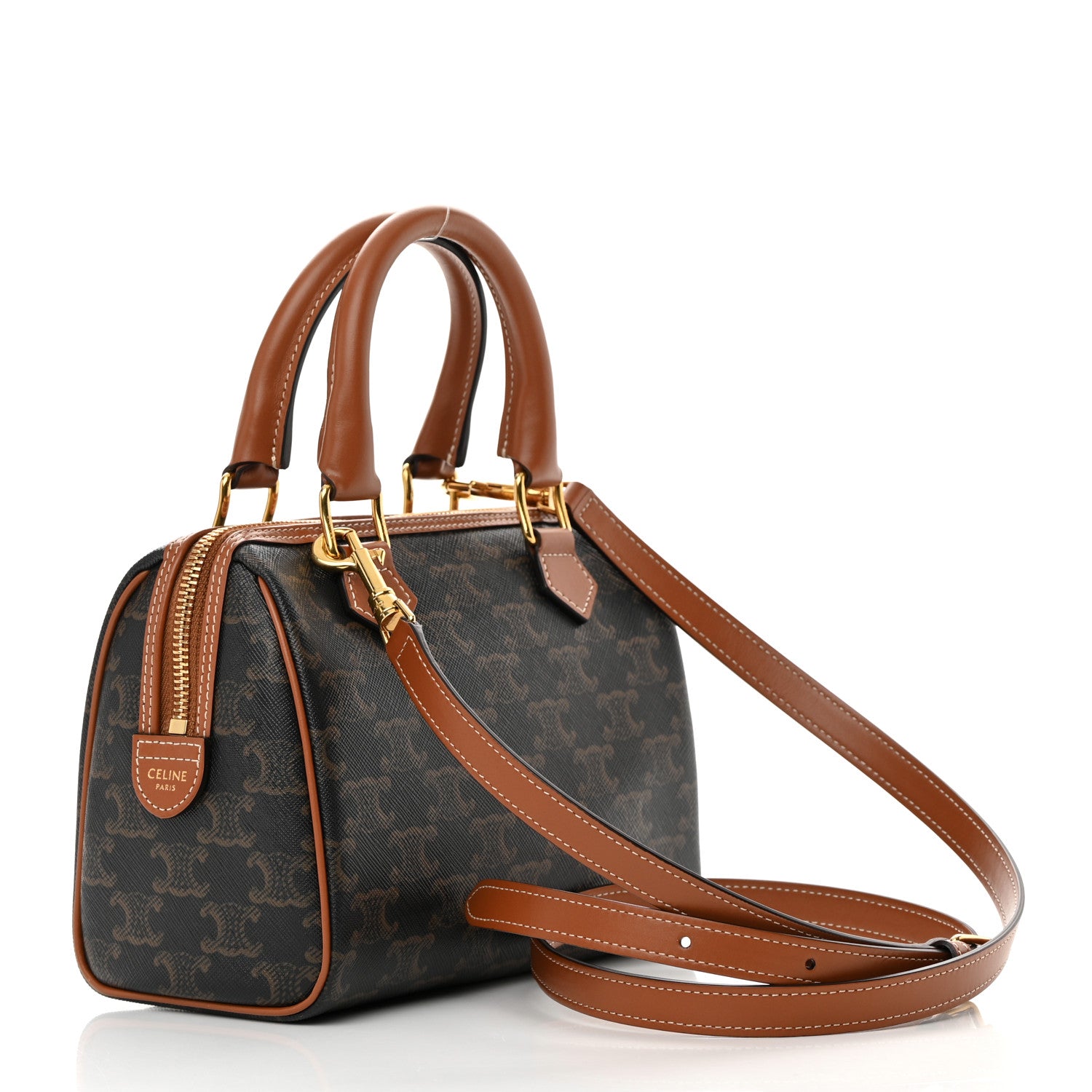 Celine Triomphe Canvas Calfskin Small Boston Bag Tan 2 of 12