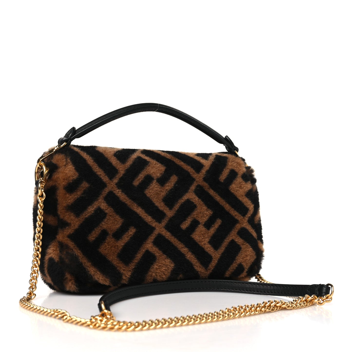 Shearling Vitello Dolce Macro FF 1974 Mini Baguette Tobacco Black