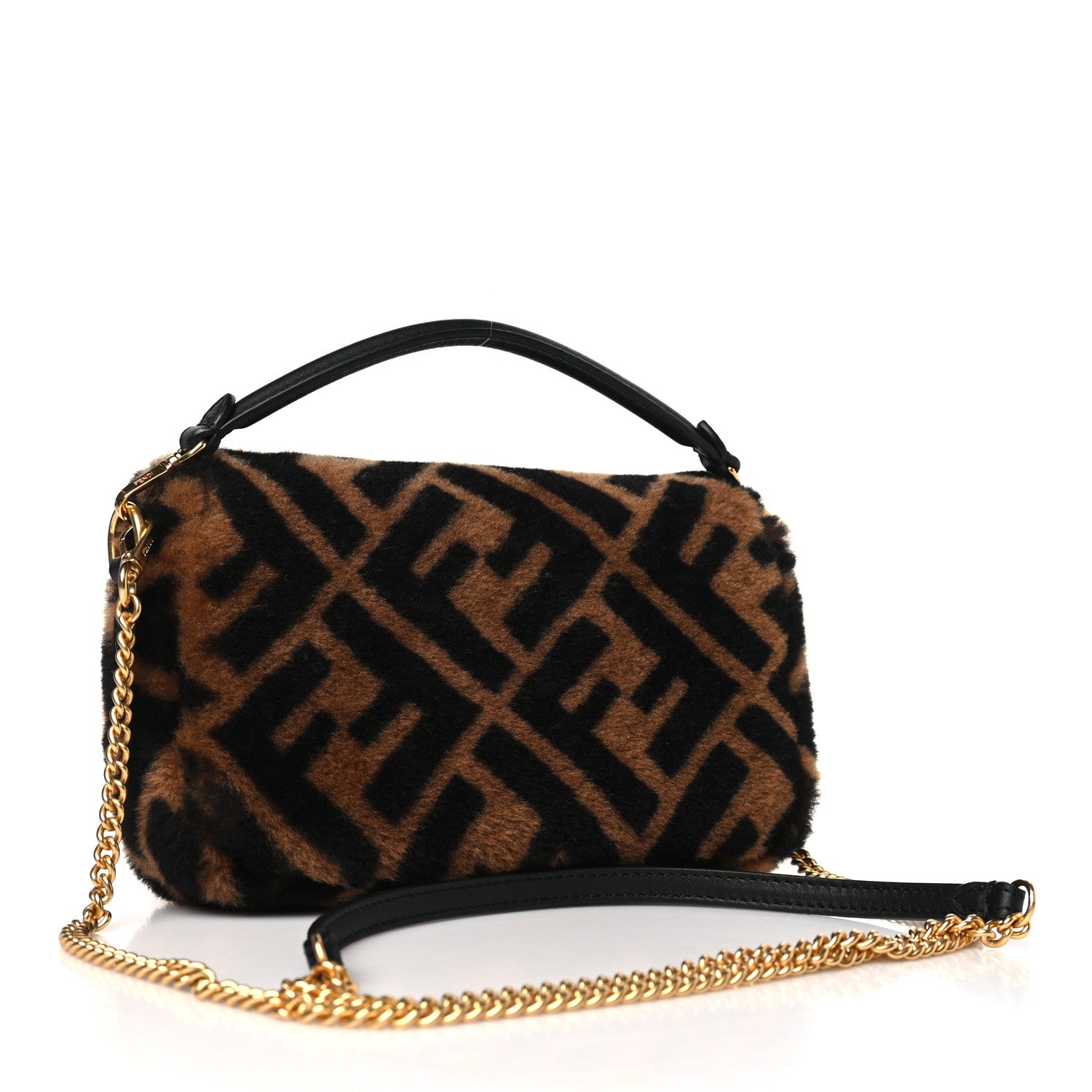 Fendi Shearling Vitello Dolce Macro FF 1974 Mini Baguette Tobacco Black 3 of 11