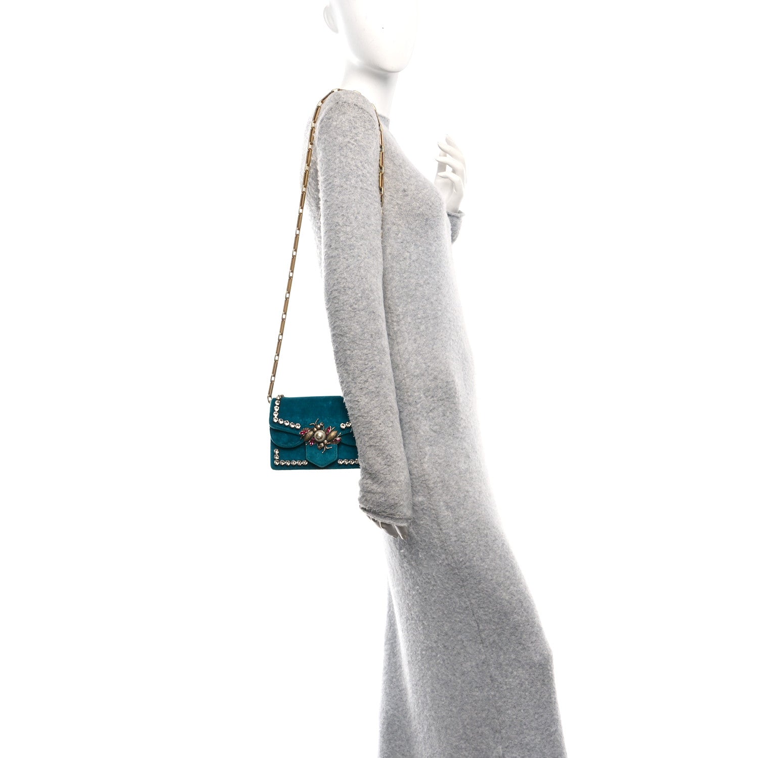 Gucci Velvet Crystal Mini Bee Broadway Shoulder Bag Pavone Cyan 2 of 10