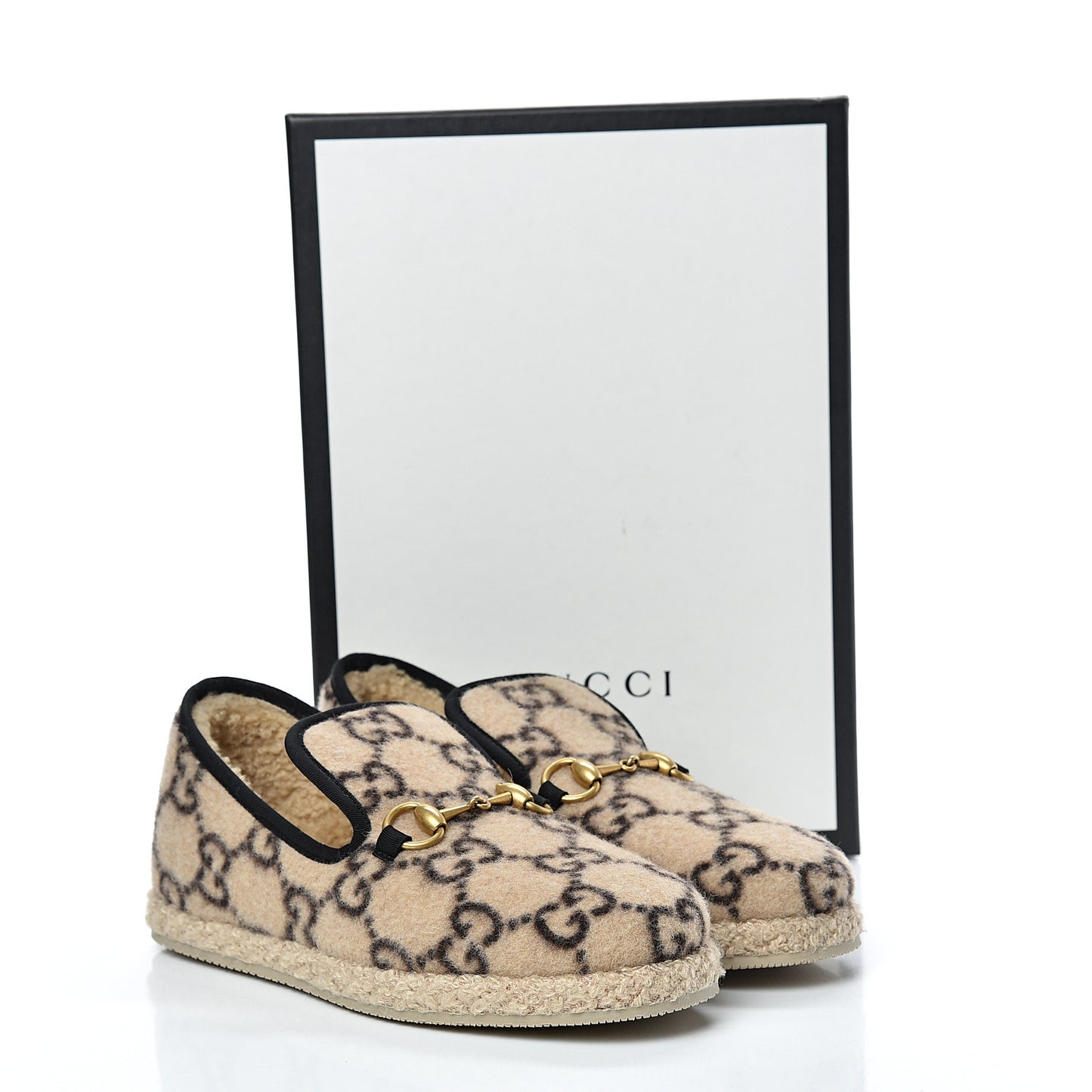 Covered Wool GG Monogram Womens Fria Horsebit Loafers 37 Beige Ebony Black Butterscotch
