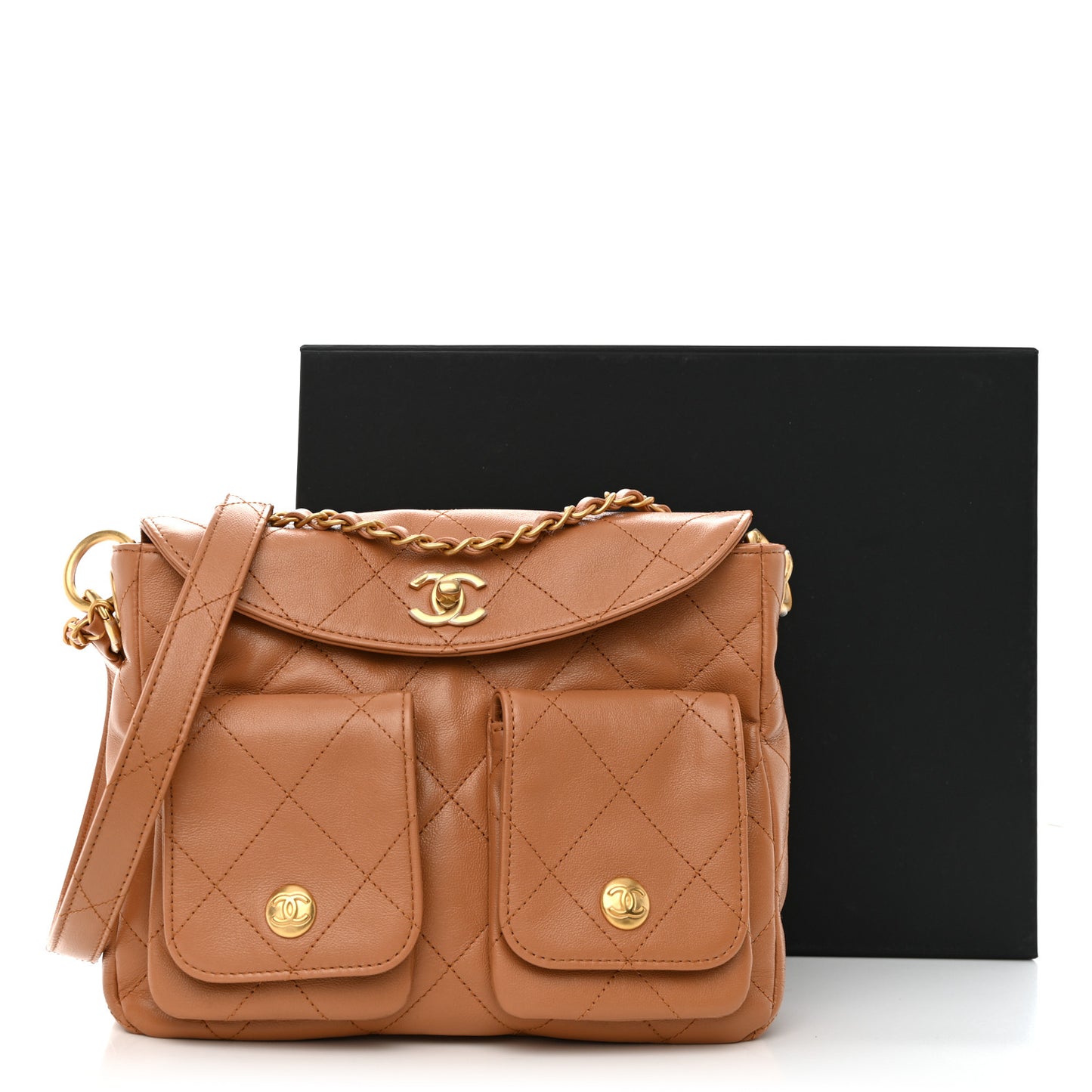 Shiny Calfskin Quilted Small Supple Twins Hobo Bag Brown