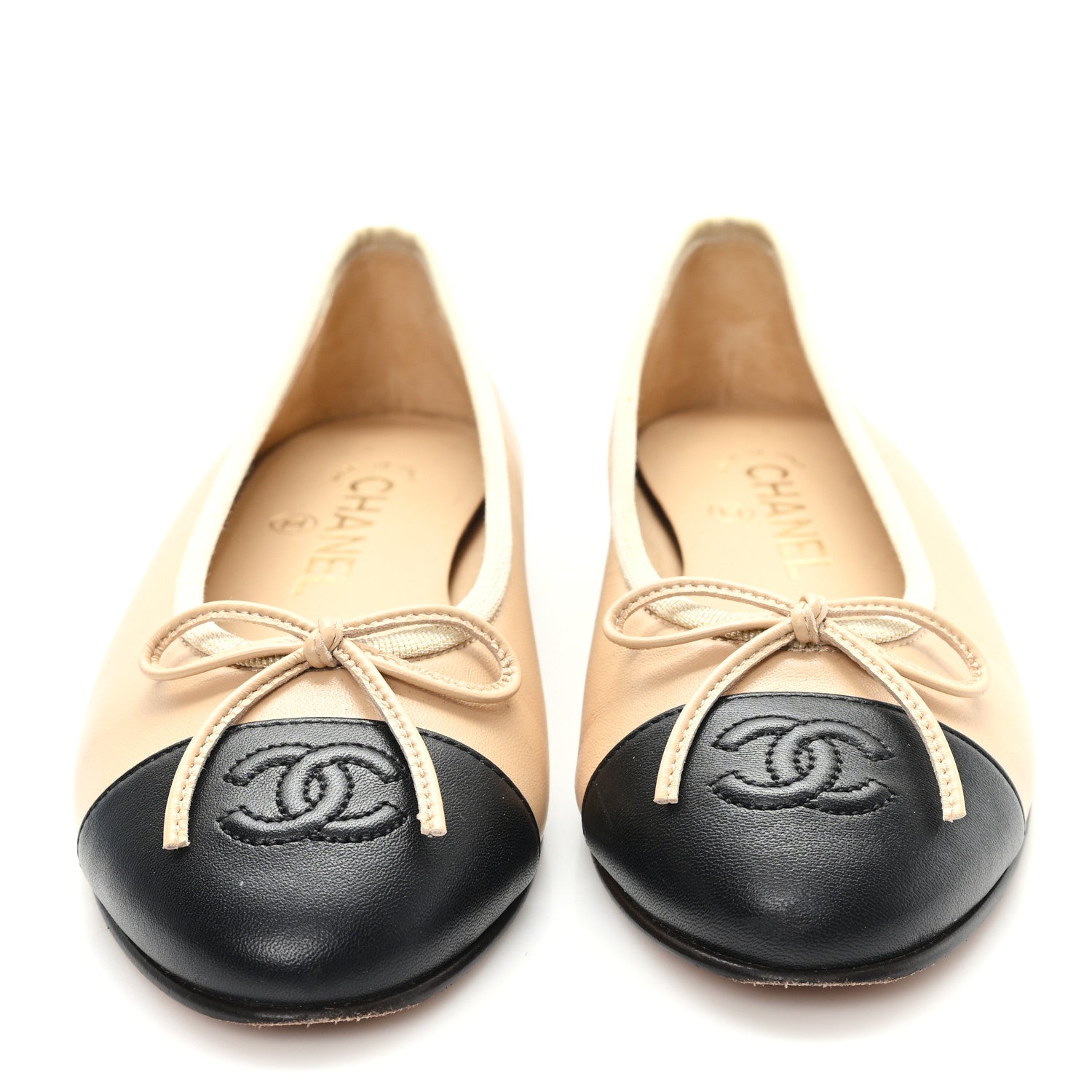 Chanel Lambskin Cap Toe CC Ballerina Flats 35 Beige Black 3 of 10