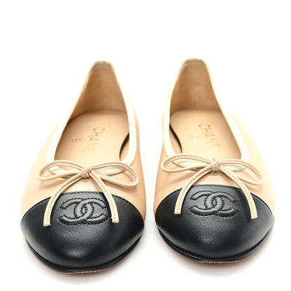 Chanel Lambskin Cap Toe CC Ballerina Flats 35 Beige Black 3 of 10