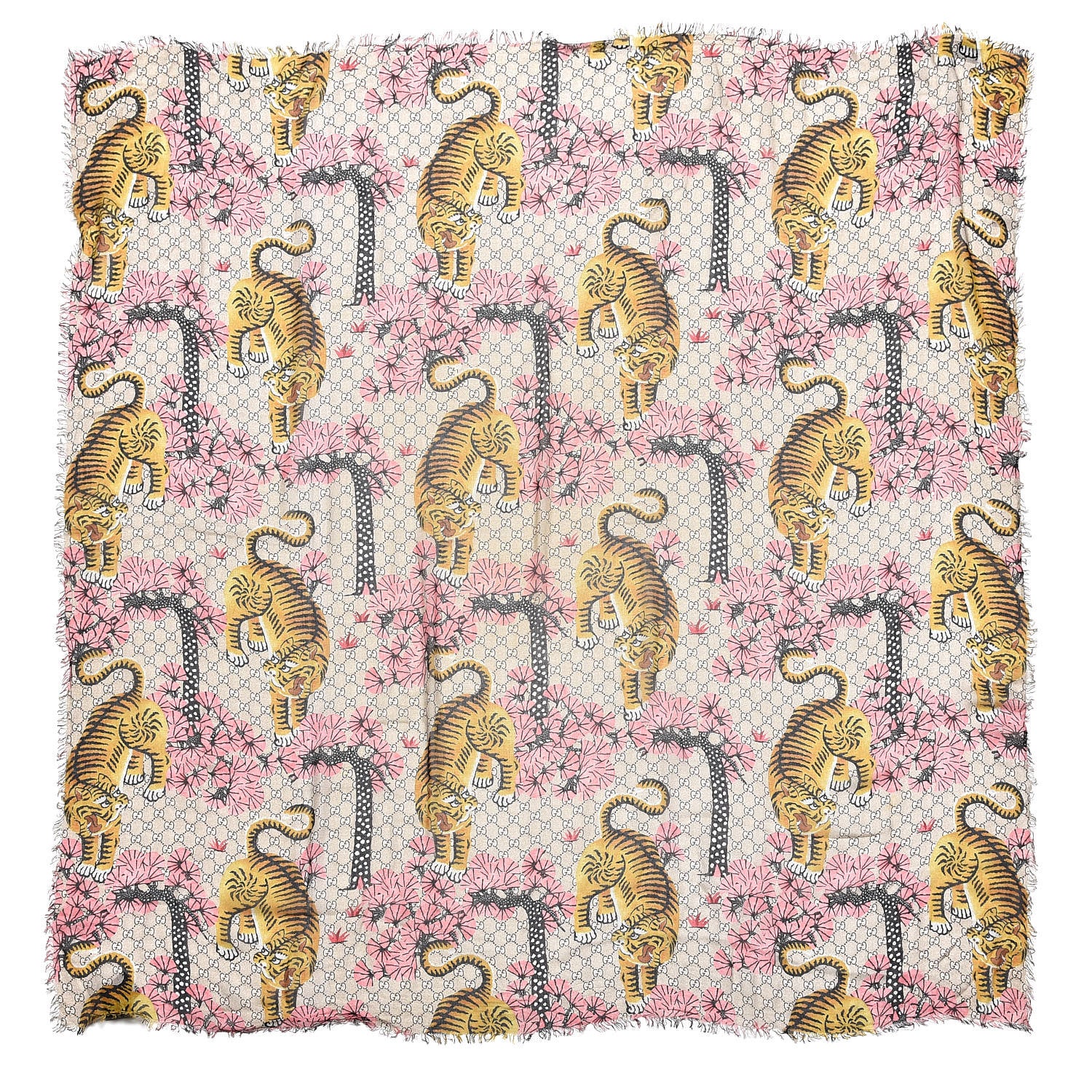 Gucci Modal Silk GG Monogram Supreme Tiger Square Shawl Rope Pink 1 of 5