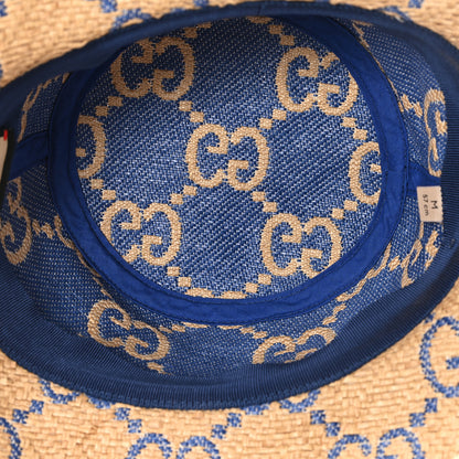 Gucci Raffia GG Monogram Embroidered Fedora Hat M Beige Blue 7 of 9