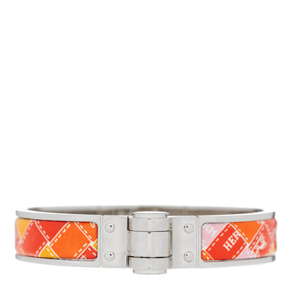 Hermes Enamel Printed Narrow Bolduc Au Carre Hinged Bracelet S Orange White Vieux 1 of 3
