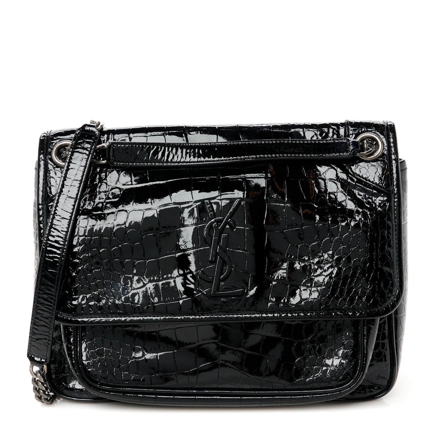 Patent Crocodile Embossed Lambskin Monogram Medium Niki Chain Satchel Black