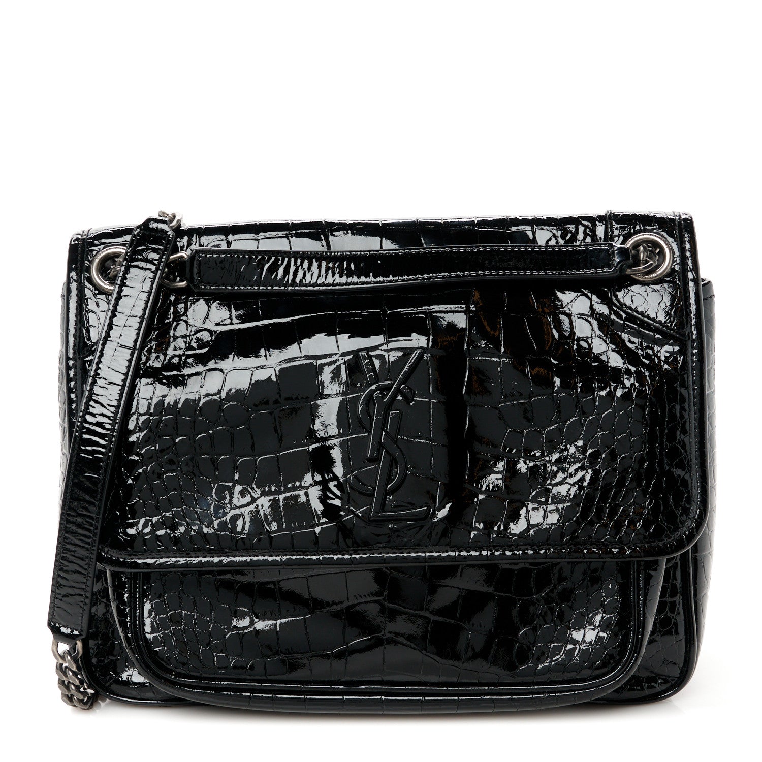 Saint Laurent Patent Crocodile Embossed Lambskin Monogram Medium Niki Chain Satchel Black 1 of 10