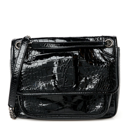 Saint Laurent Patent Crocodile Embossed Lambskin Monogram Medium Niki Chain Satchel Black 1 of 10