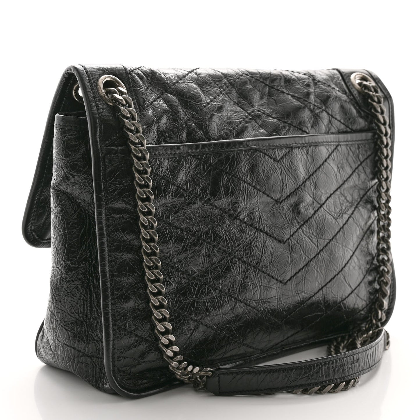 Crinkled Calfskin Matelasse Monogram Medium Niki Chain Satchel Black
