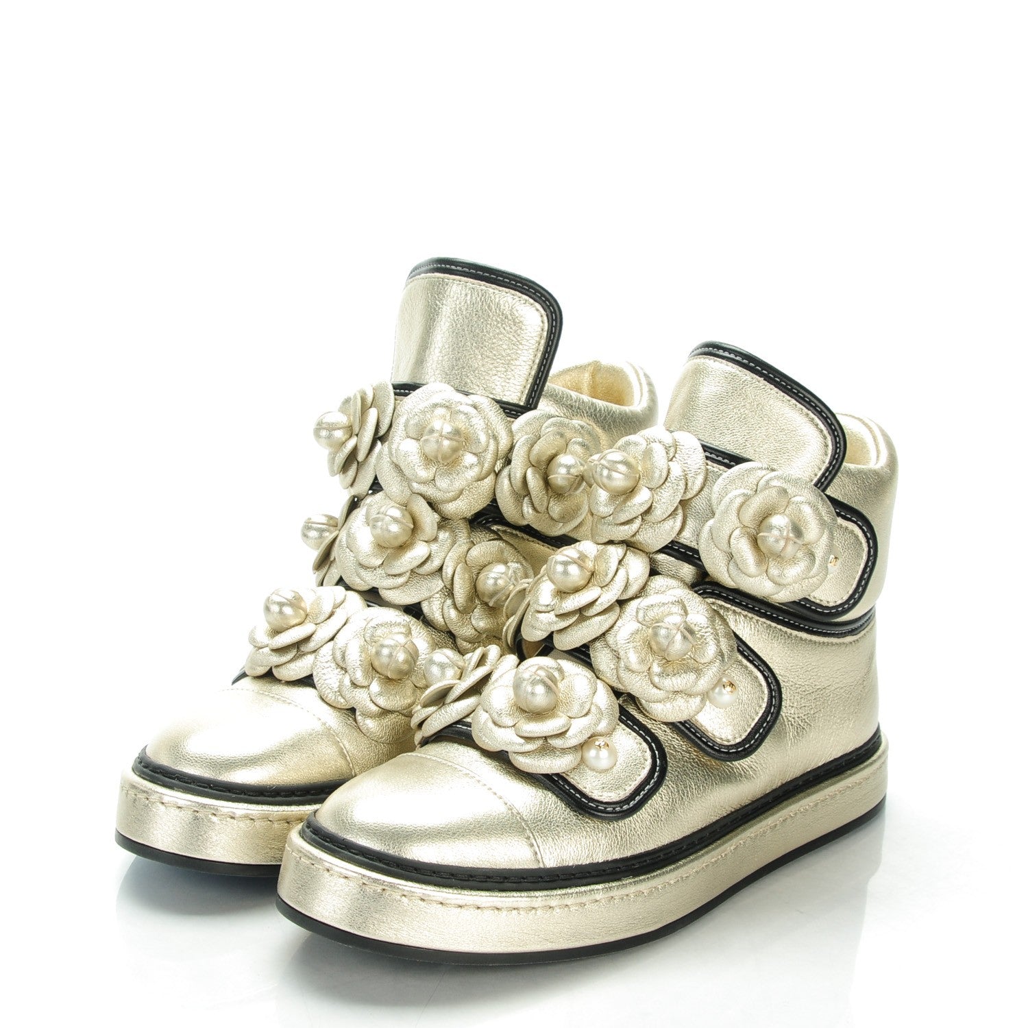 Chanel Metallic Lambskin Pearl Camellia High Top Sneakers 37 Gold 3 of 8
