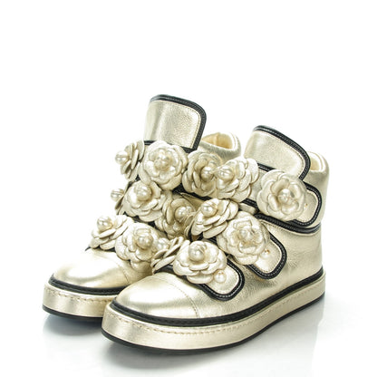 Chanel Metallic Lambskin Pearl Camellia High Top Sneakers 37 Gold 3 of 8