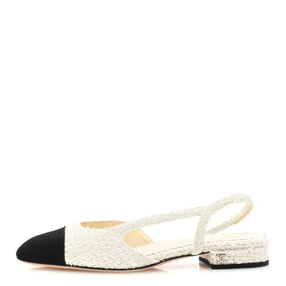 Chanel Tweed Cap Toe CC Slingback Flat 37.5 White Black 1 of 7