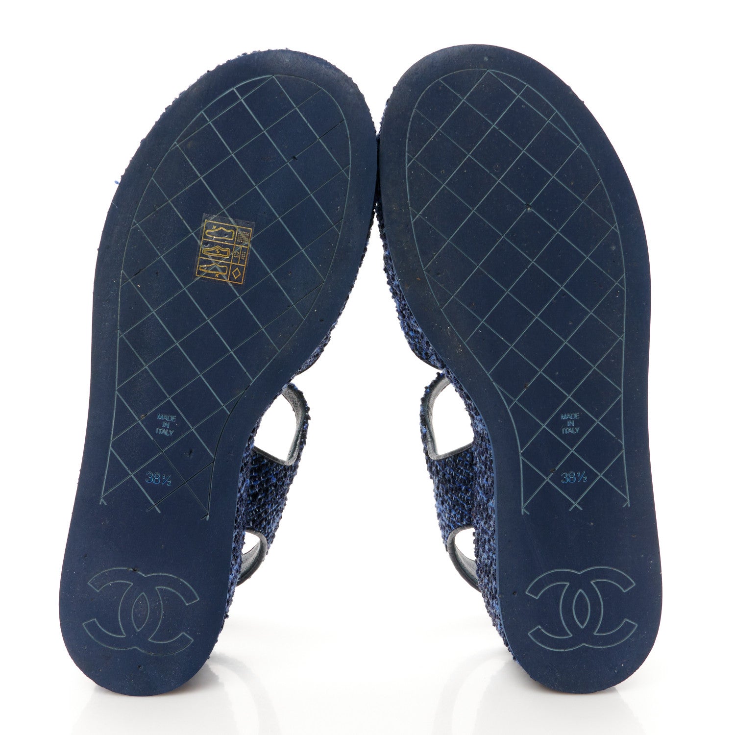 Chanel Silk Linen Tweed Quilted CC Platform Sandals 38.5 Navy Blue Gray 6 of 9