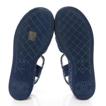 Chanel Silk Linen Tweed Quilted CC Platform Sandals 38.5 Navy Blue Gray 6 of 9
