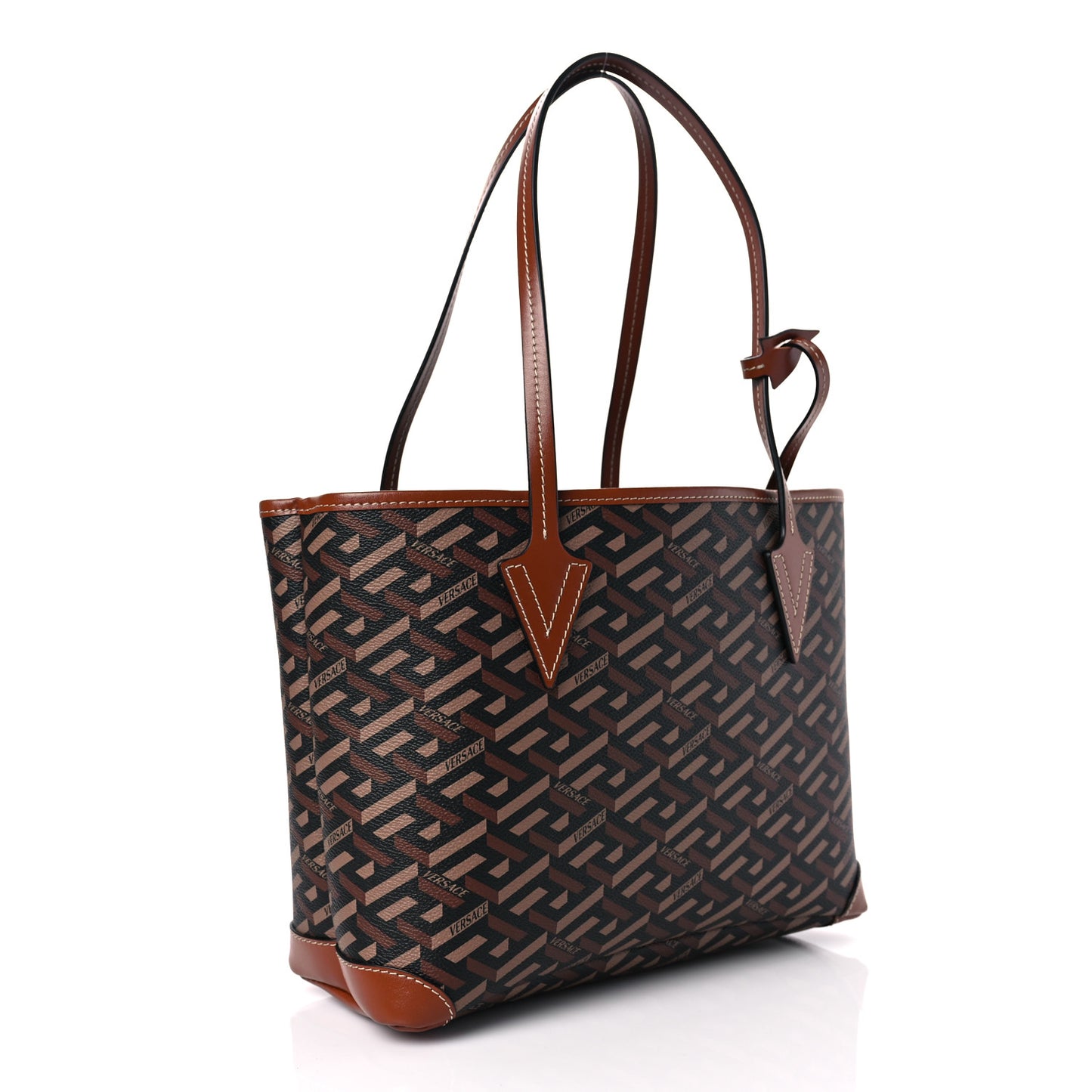 Coated Canvas Calfskin Small La Greca Signature Shopper Tote Bag Black Caramel