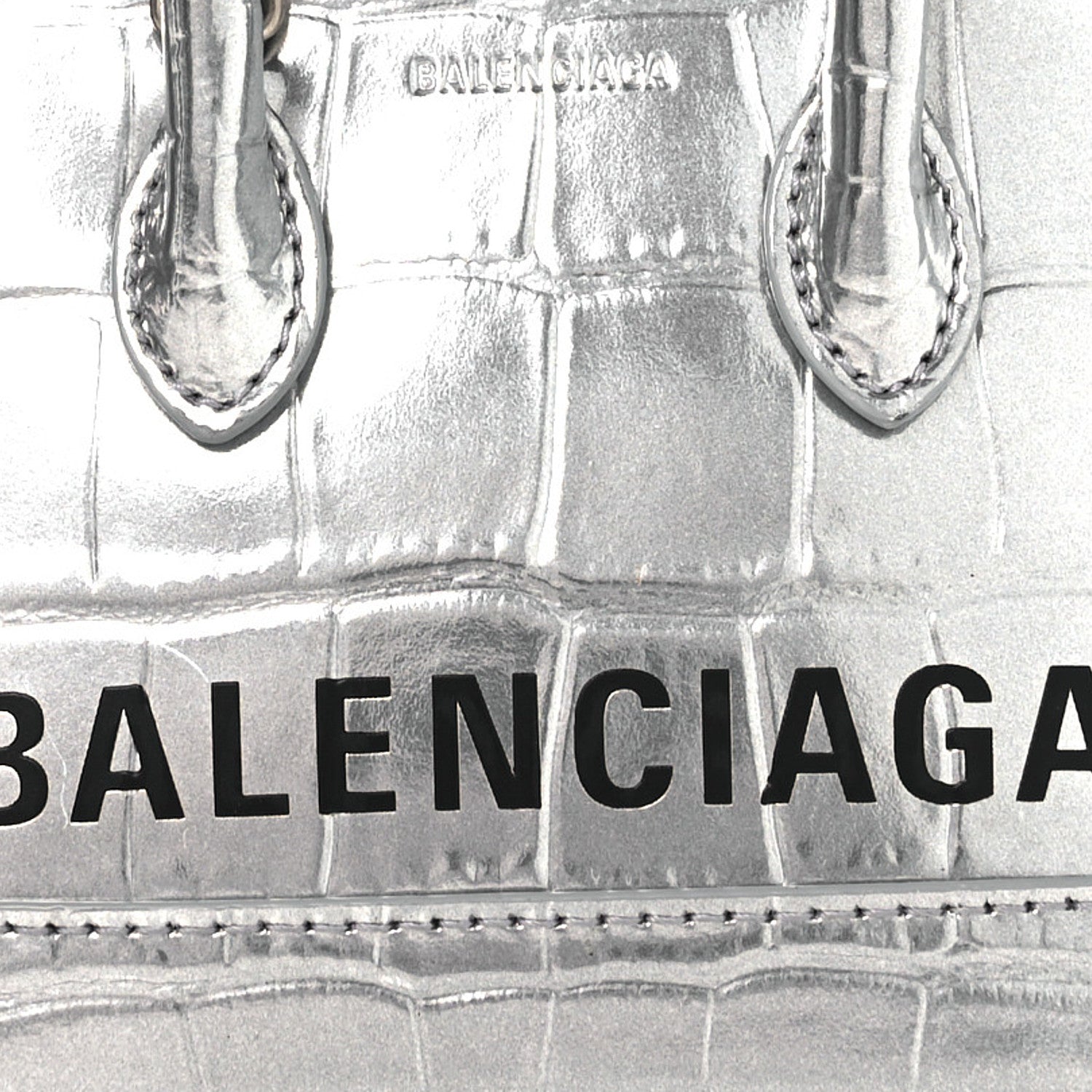 Balenciaga Metallic Calfskin Logo Crocodile Embossed Mini Ville Top Handle Bag Silver Black 8 of 10