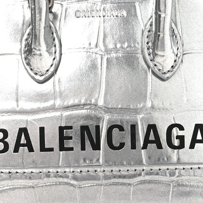 Balenciaga Metallic Calfskin Logo Crocodile Embossed Mini Ville Top Handle Bag Silver Black 8 of 10