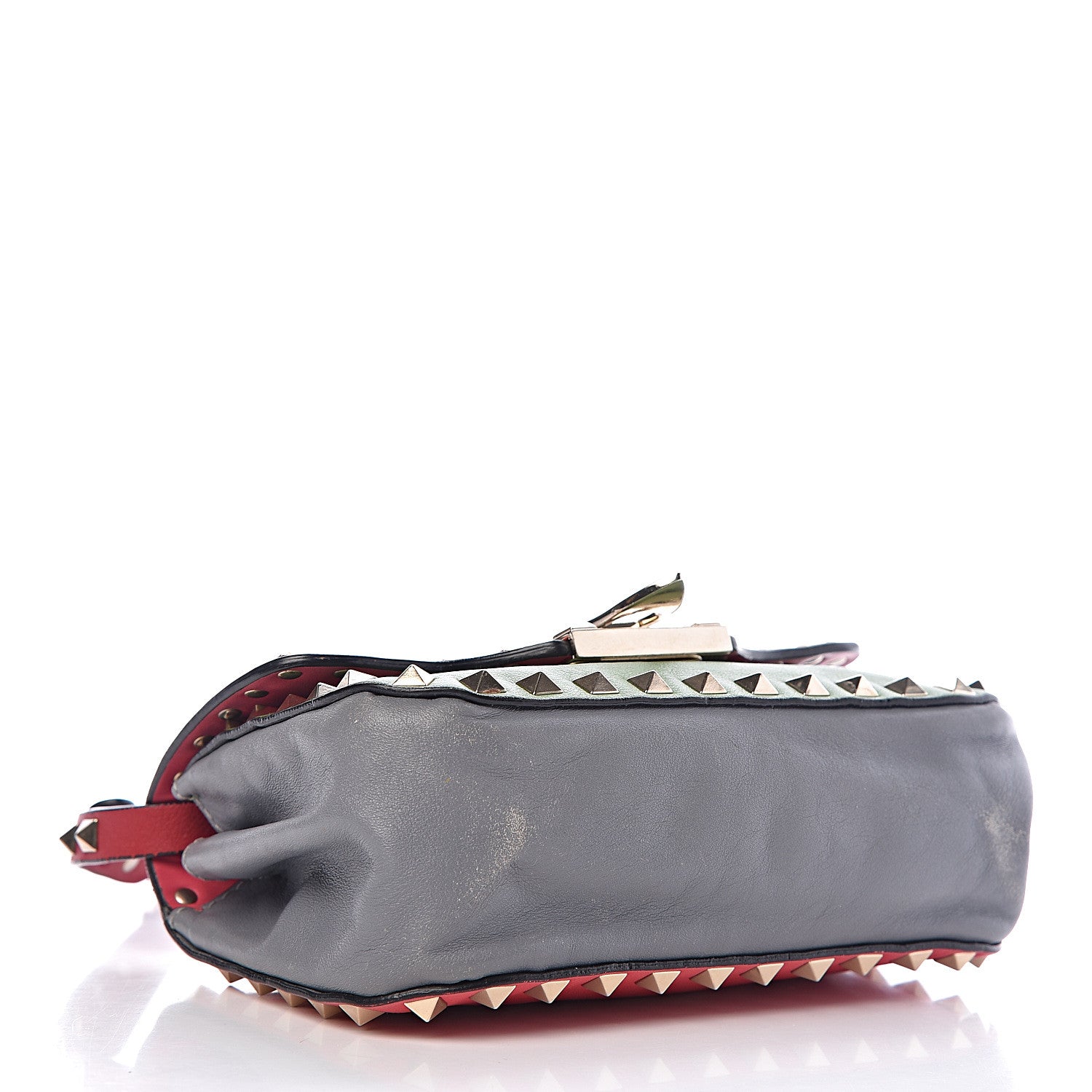 Valentino Garavani Vitello Colorblock Mini Rockstud Flap Saddle Crossbody Bag Deep Rose Green Grey Scarlet 4 of 15