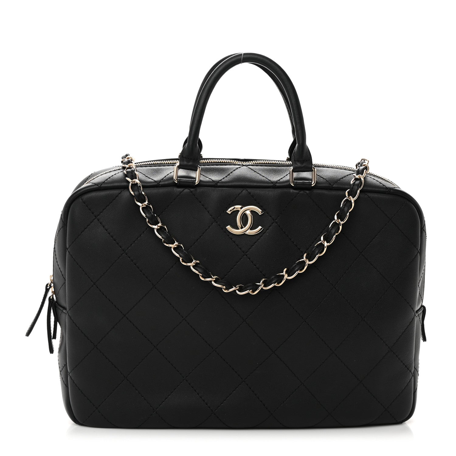 Chanel Calfskin Diamond Stitched Top Handle Bowling Bag Black 1 of 12