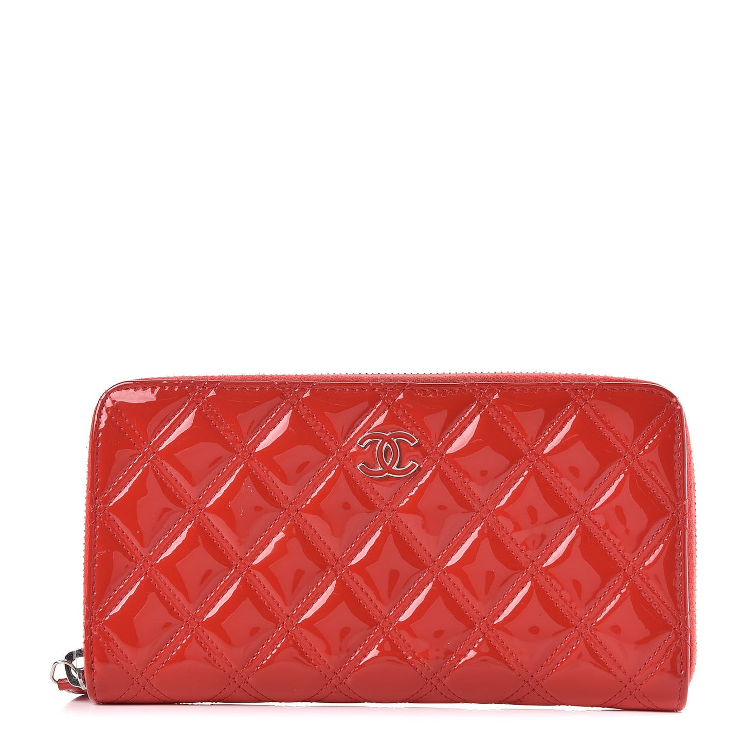 Patent Quilted Double Stitched Zip Around Wallet Red