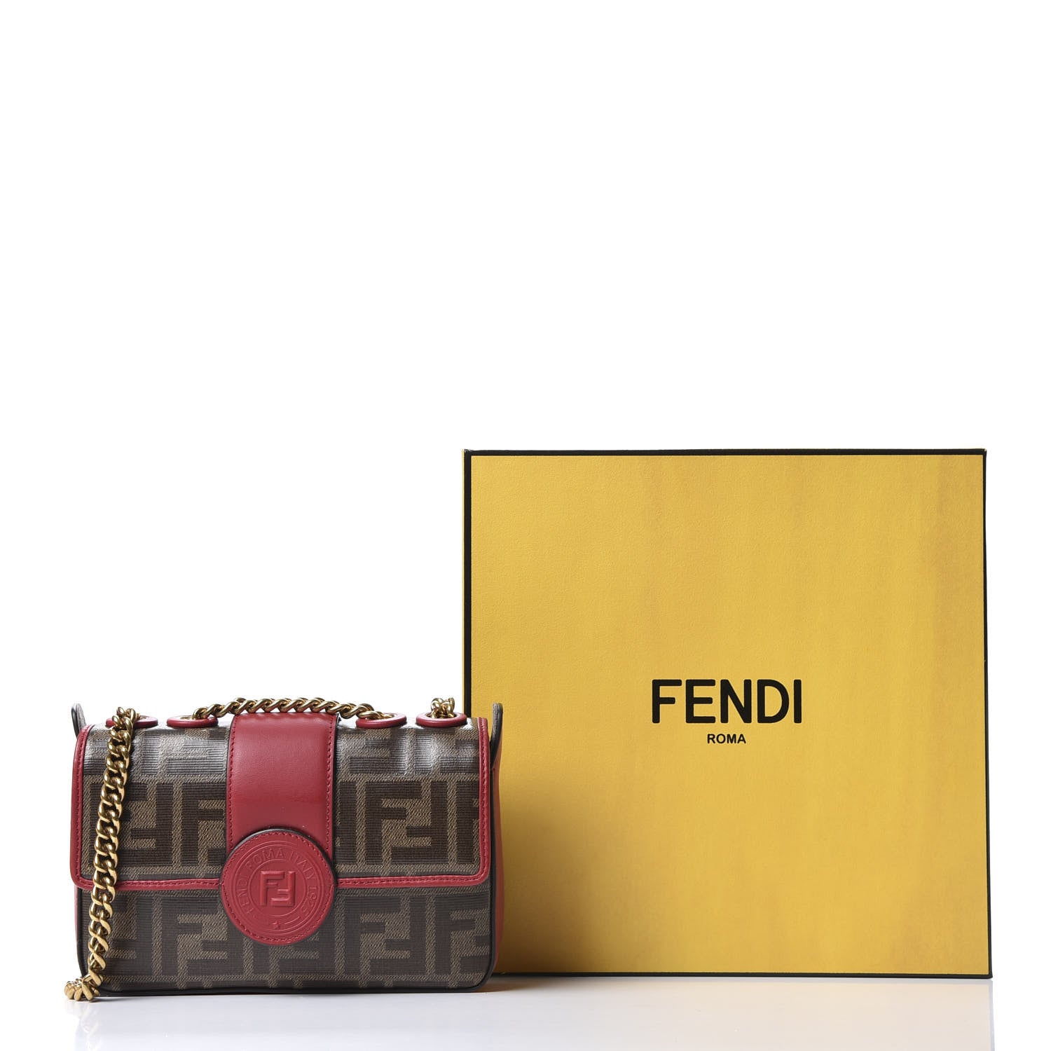 Fendi Glazed Fabric Vitello Century FF 1974 Stamp Patch Mini Double F Crossbody Bag Mogano Panna Fragola 10 of 10