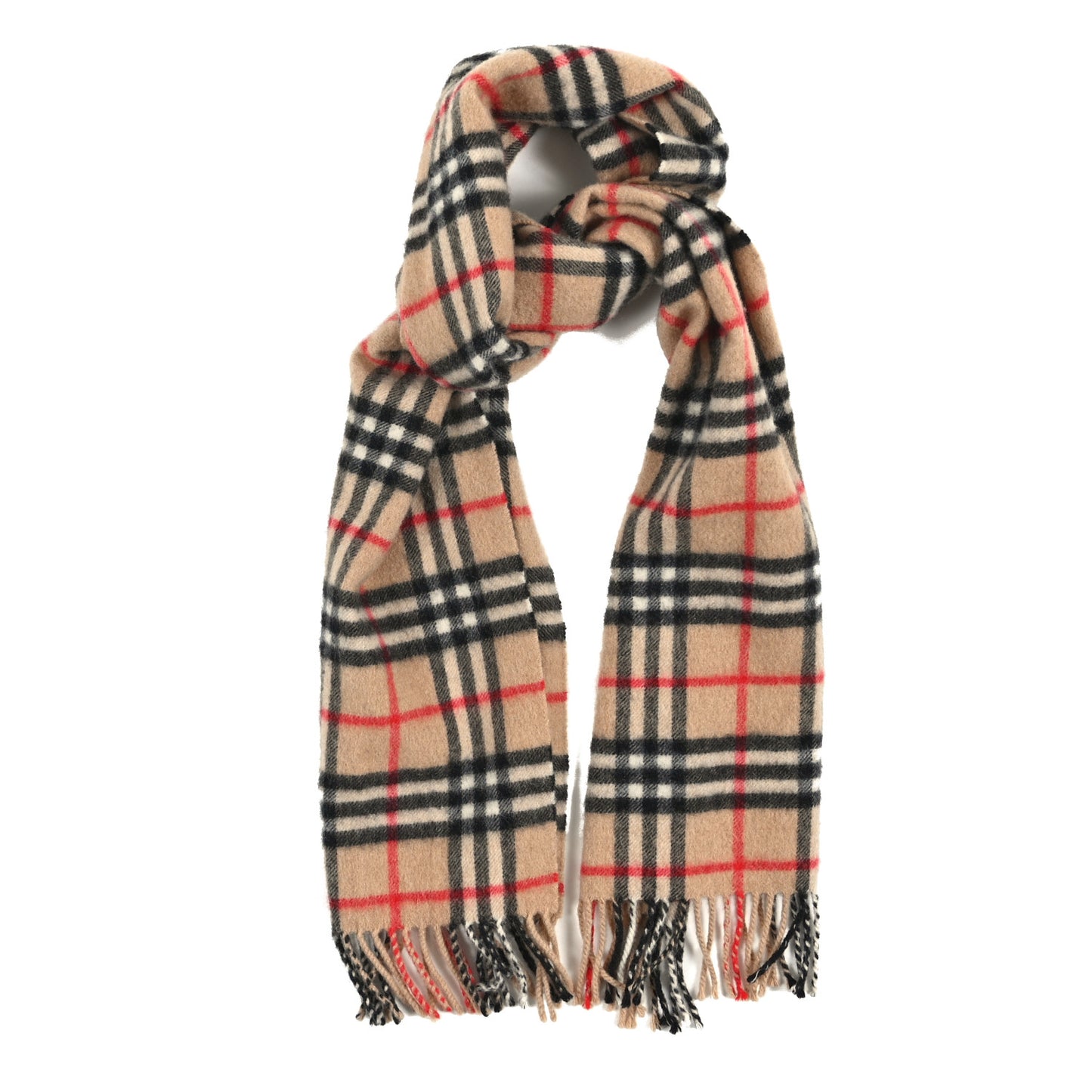 Wool Cashmere House Check Fringe Scarf Camel