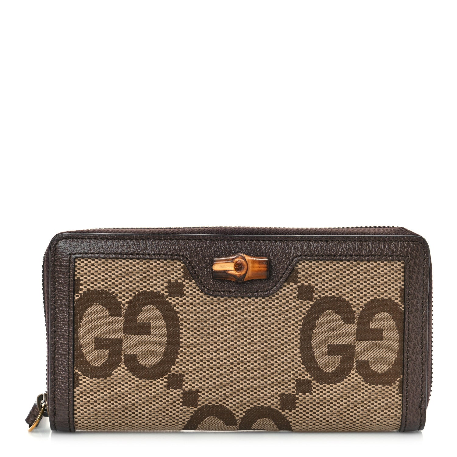 Gucci Monogram Jumbo GG Textured Dollar Calfskin Diana Zip Around Continental Wallet Camel Ebony New Acero 1 of 8