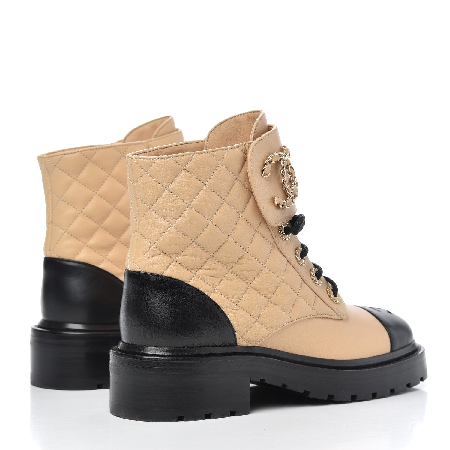 Chanel Lambskin Calfskin Quilted Lace Up Combat Boots 37 Beige Black 4 of 14