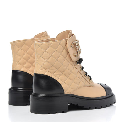 Chanel Lambskin Calfskin Quilted Lace Up Combat Boots 37 Beige Black 4 of 14
