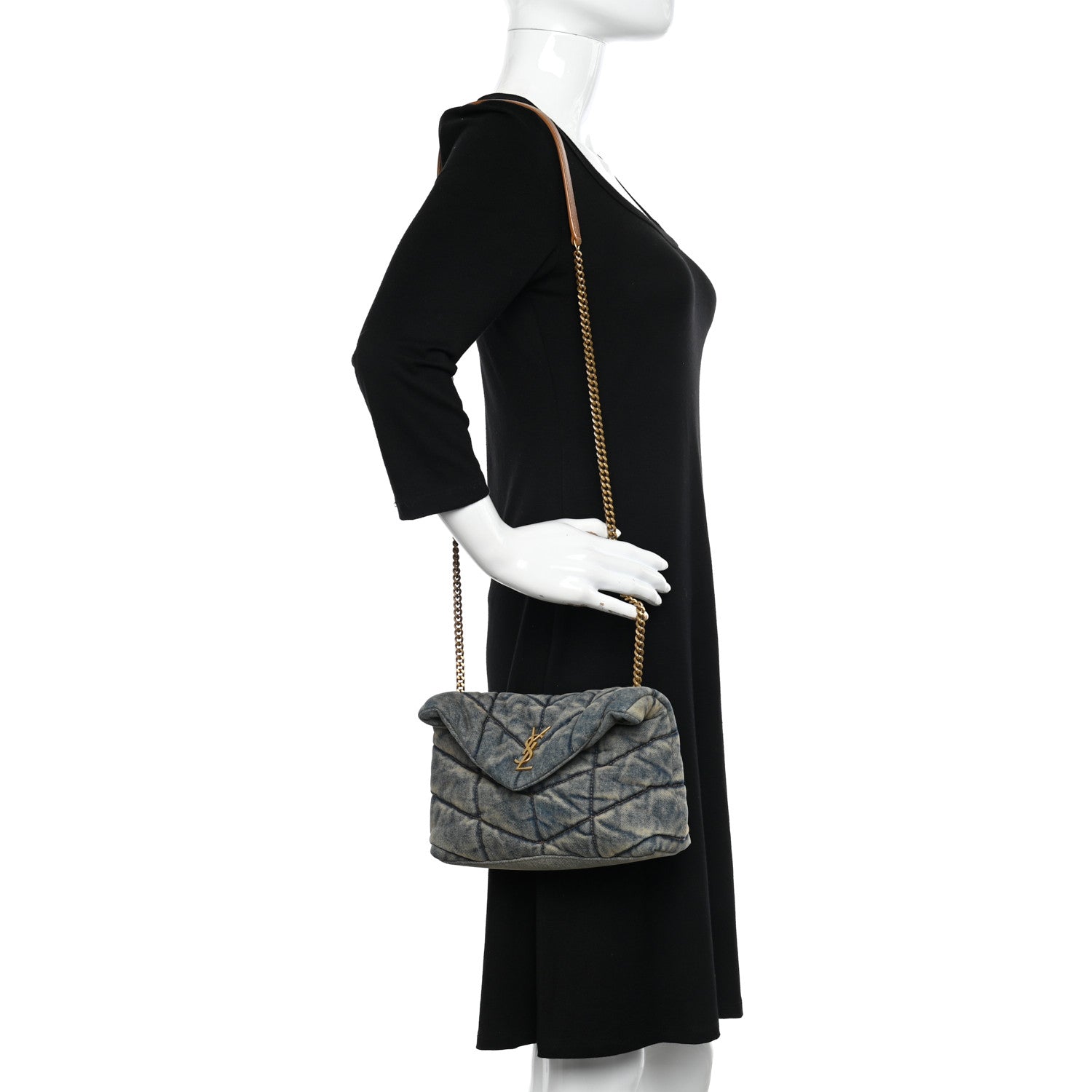 Saint Laurent Denim Quilted Toy Loulou Puffer Monogram Chain Satchel Blue Cinnamon 2 of 9